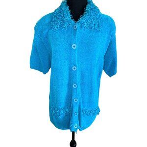 Lisa International Turquoise Chenille Button Cardigan Sweater Fringe Collar M